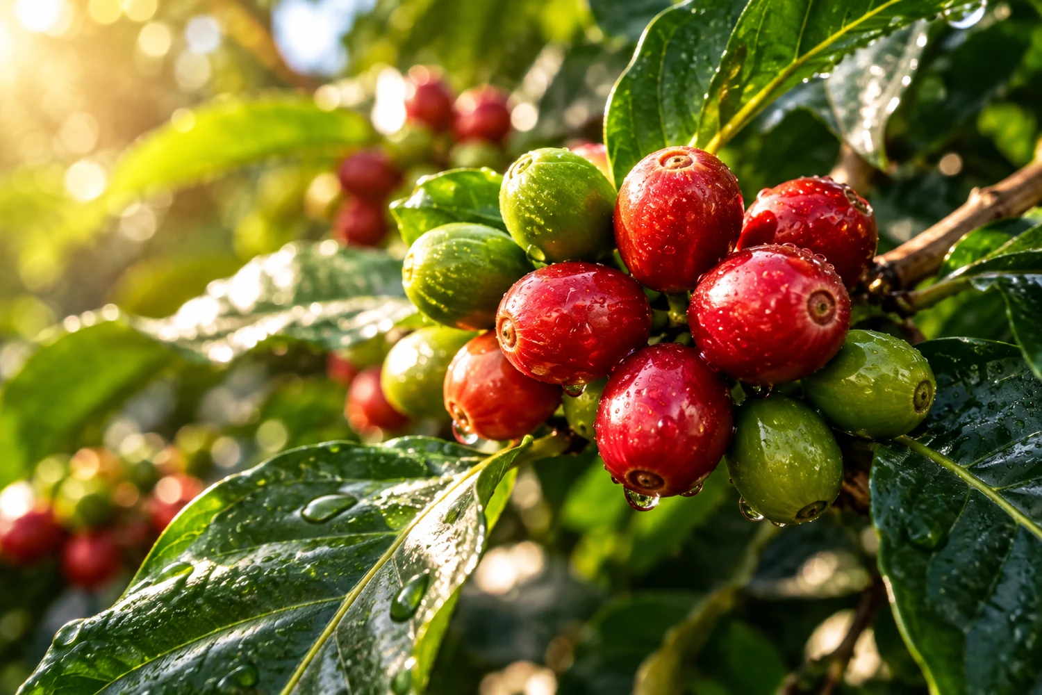 Ripe and unripe coffee cherries growing on a leafy branch