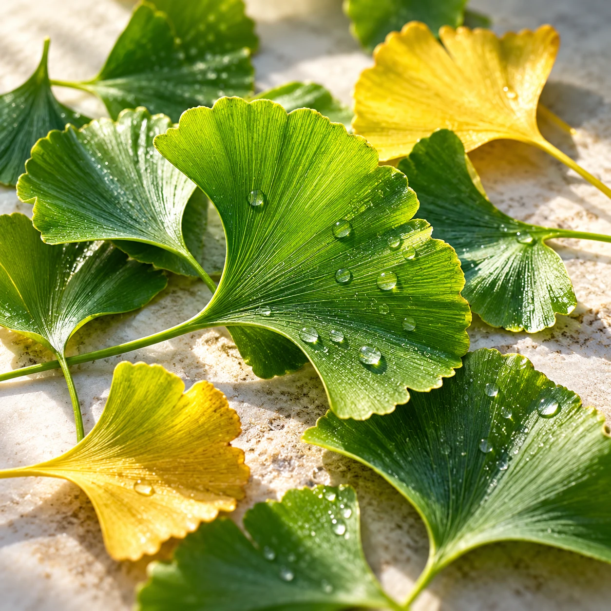 Fan-shaped ginkgo leaves in natural daylight